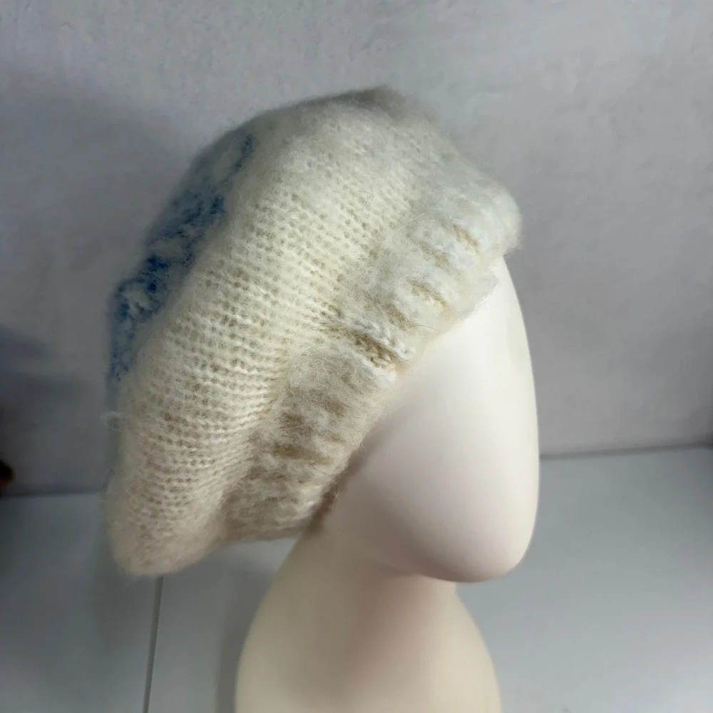 VTG‎ Symphony Scarfs French Beret Hat Knit Wool Blend Fuzzy Fair Isle Pattern